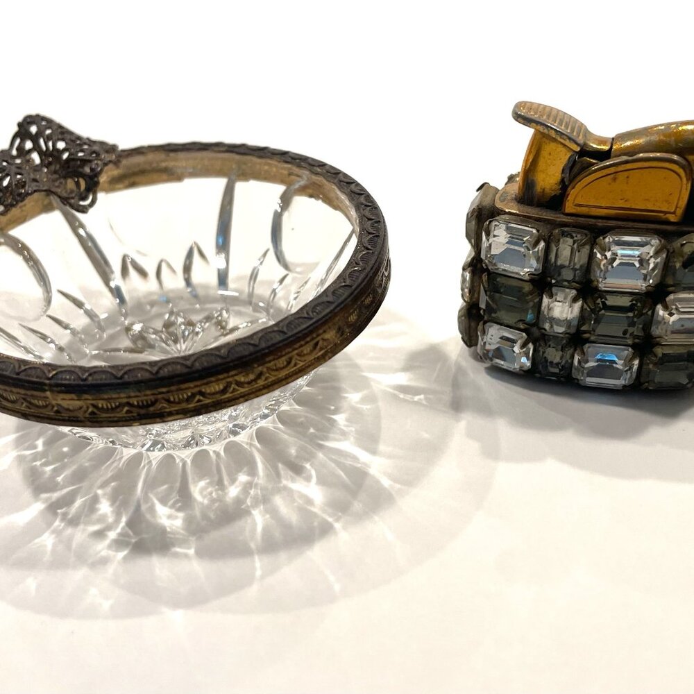 Evans Cabochon Mount Miniature Lighter French Glass Filigree Bronze Ashtray